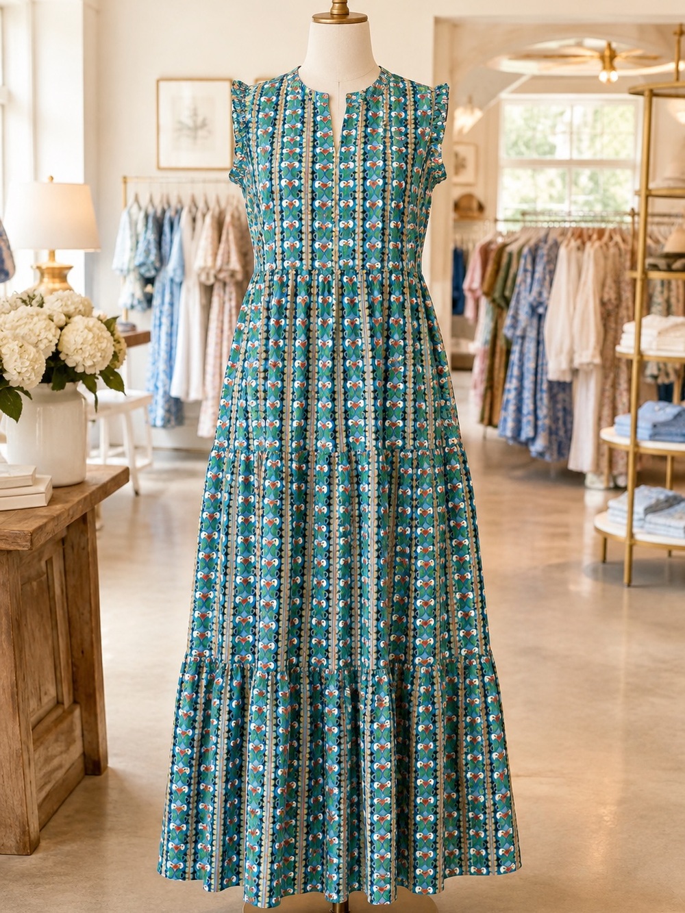 Britton Court Green Floral Tiered sleeveless Maxi Dress NWT
